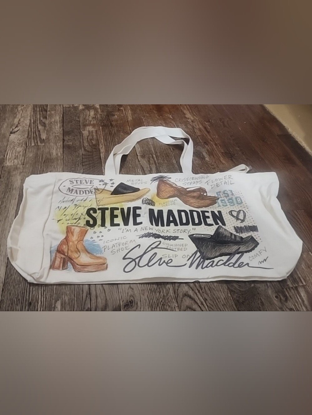 STEVE MADDEN XL CANVAS TOTE BAG iconic Platform Shoe Print Top Zip Close NWOT